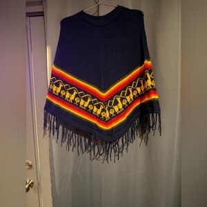 Vintage Navy Alpaca Print Poncho with Colorful Fringe